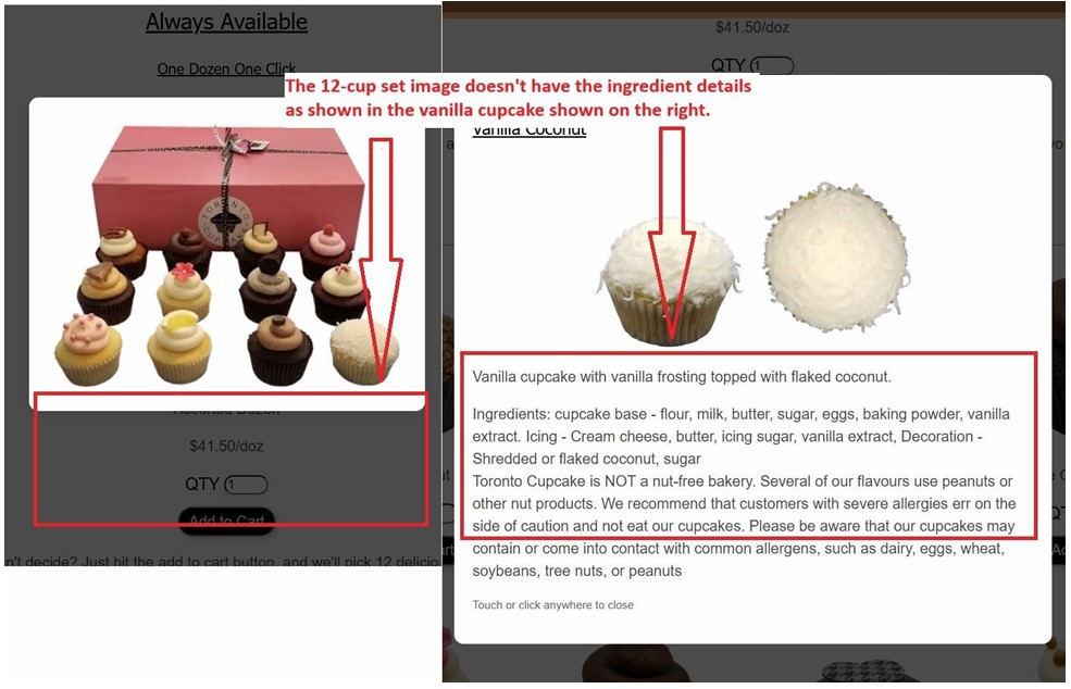 Cupcake modal missing ingredient details