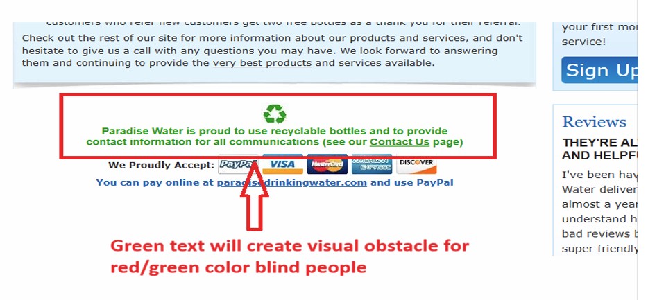 Paradise Water green text accessibility issue