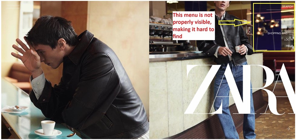 Zara homepage with invisible menu